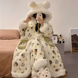 Winter Thickened Fleece Coral Velvet Robe Womens Style Cartoon Pijama Set with Cotton Sandwich Print Home Clothes