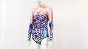 fesyen wanita Mermaid kostum skala ikan Shell Bodysuit 3D cetak baju renang Long Sleeve Cosplay pakaian pakaian renang