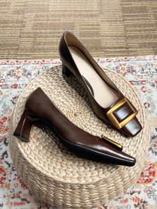 Black Square Head Thick Heel Single Shoes Womens Spring Autumn New Profession Brown Slip-On Retro High Heels Fashionable Commute