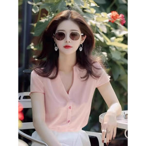French Fashion Sweet Age-Reducing Single Row Buckle V-Neck Short Sleeve T-Shirt Summer Thin Style Casual Top Versatile Base Shirt for Women