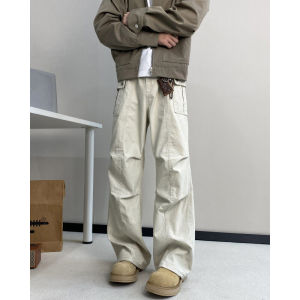American Retro Pleated Multi-Pocket Work Pants Mens Trendy High Street CleanFit Handsome Flared Loose Casual Pants