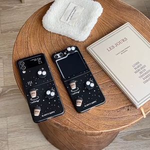 เคสโทรศัพท์มือถือ Samsung Galaxy Z Flip5 Z Flip4 Z Flip3 เคสสีดำ ประดับคุกกี้และแก้วกาแฟ สุดน่ารัก