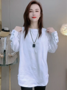 Áo Thun Dài Tay Rộng Rãi Mùa Thu 2025 Dành Cho Nữ Áo Thun Cổ Tròn Màu Trơn Có Nút Áo Dài Tay Áo Lót Bên Trong