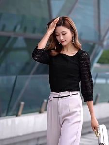 Lace Blouse For Women Plus Size Summer Korean Style Fashion Floral Printed Half-Sleeve Blouse Tops