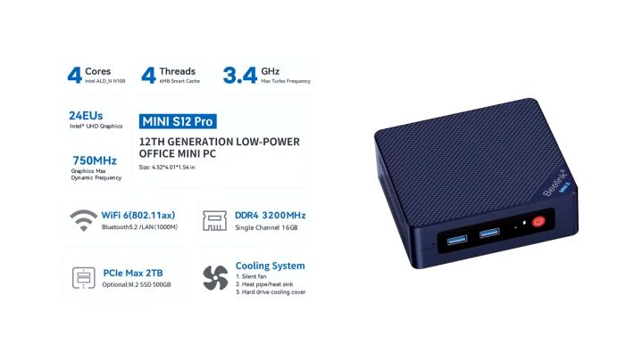 Beelink MINI S12 Pro N100 MINI PC DDR4 16G+500G NVME SSD Wifi 6 Bluetooth 5.2 RJ45 MINI S12 N95 8G+256G Ser5 MAX 5800H 16G+500G desktop Gaming Computer Dual Screen 1-year warranty