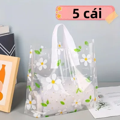 5 Chiếc Túi Tote Trong Suốt Họa Tiết Hoa Cúc Túi Nhựa PE Túi Quà Tặng Mua Sắm Di Động Dành Cho Cửa Hàng Quần Áo