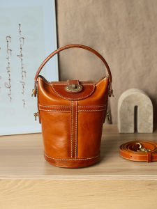 Apollinaris Top Layer Cowhide Handmade Casual Bucket Bag Womens Retro Crossbody Shoulder Bag Canvas Lining Lock Buckle Closure