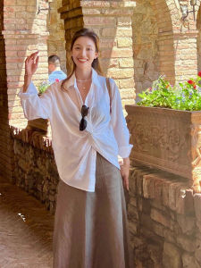 เสื้อเชิ้ตคอปกพับแขนยาวสำหรับผู้หญิง ดีไซน์เรียบง่าย สวมใส่สบาย สไตล์เกาหลี ทรงหลวม ทรงเข้ารูป เสื้อเชิ้ตผู้หญิง