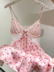 V.C.I | Pink Padded Ice Silk Lace Dot Nightdress