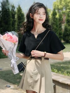 MUTU | Muteb Black V-neck Short Sleeve T-shirt Womens Trendy Summer New Design Shoulder-length Sleeve Top Korean Style Cotton Casual Wear