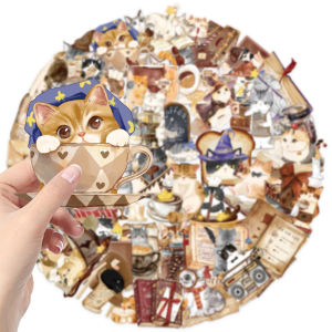 50-Piece Set Transparent Cartoon Magic Cat Cafe DIY Phone Case Glass Cup Computer Decoration PET Stickers without White Edge