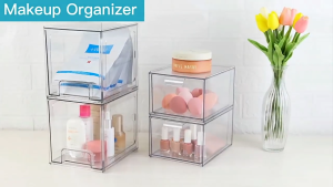 4 pieces of transparent stackable storage drawers made of acrylic suitable for use on vanity tables under sinks