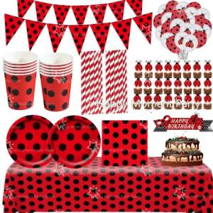 Kayou | Black Red Dots Ladybug Birthday Party Decoration Tablecloth Cup Plate Balloon Napkin Baby Shower Ladybug Party Favors Supplies