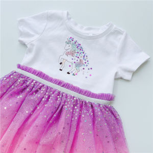 Girls Unicorn Dream Sequin Pure Cotton Short Sleeve Dress Cute Princess Skirt Childrens Clothing Summer Casual Cotton Dress