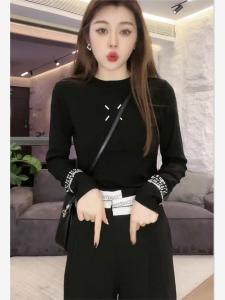 Black round Neck Printed Long Sleeve T-Shirt Womens Spring Autumn High Elastic Slim Fit Versatile Flattering Short Style Top