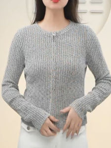 QINGNAER | Loose Slimming Versatile Long-sleeved Stylish Rejuvenating Gray Knit Cardigan