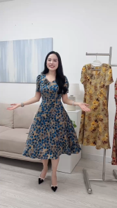 Đầm xòe họa tiết cổ V ngực đính hoa lá có túi - GR0360 (HÌNH THẬT SHOP CHỤP VÀ QUAY VIDEO)
