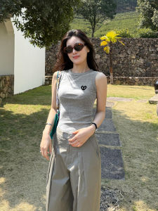 Áo Ba Lỗ Không Tay Màu Xám Ôm Vừa Vặn Cho Nữ Mùa Hè Áo Lót Cotton Áo Khoác Ngoài Thể Thao Áo Ba Lỗ Cổ Tròn in Họa Tiết