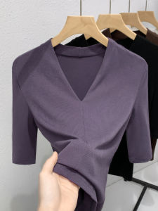 Womens Modal Short Sleeve T-Shirt V-Neck Slim Fit Base Shirt Spring Summer New Style Threaded mid Sleeve Inner Wear Base Top