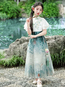 New Summer Childrens Hanfu Girls Skirt Set Water Ink Style Traditional Chinese Dress for Girls Kids Ethnic Wear