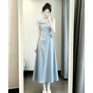 PEIZIXUAN | Đầm Dây Buộc eo Phong cách Pháp Mùa hè Màu xanh