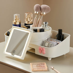 กล่องเก็บเครื่องสำอางชั้นวางมาร์คหน้าน้ำหอมลิปสติกผลิตภัณฑ์ดูแลผิวโต๊ะเครื่องแป้งแบบชิ้นเดียวมีกระจกแบบตั้งโต๊ะที่นิยมในโลกออนไลน์