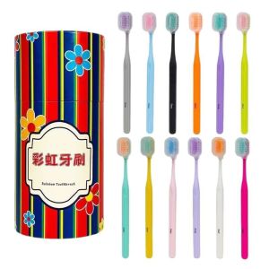 12pcs Rainbow Soft Bristle Toothbrush in Bucket Wide Head for Adult Use Gum Protection Gentle Clean Colorful Home Oral Care Set