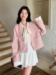 เสื้อแจ็คเก็ตสั้นสไตล์ฝรั่งเศสสีชมพูสำหรับผู้หญิง ฤดูใบไม้ผลิและฤดูใบไม้ร่วง ทรงหลวม ปกกลม แขนยาว คอตตอนผสม
