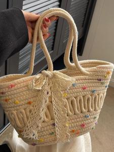 Handwoven Straw Beach Bag Womens Fashionable Holiday Style Basket Handbag Single Shoulder Bag No Partition Zipper Closure