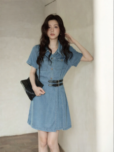 seemon | Đầm Ngắn Jean Xanh Retro Đính eo Thời Trang Mùa Hè