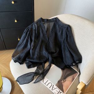 เสื้อเชิ้ตผ้าชีฟองแขนสั้นสไตล์เกาหลีฤดูร้อน ทรงหลวม คอวี ปิดด้วยเข็มขัด ป้องกันแสงแดด เสื้อคลุมคาร์ดิแกนแบบสวมสำหรับผู้หญิง