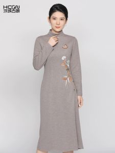 Hcgn New Style Chinese National Style Long Sleeve Embroidered Woolen Dress Stand Collar Spring Autumn Womens Fashion Dress