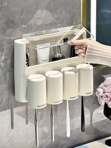 Bathroom Wall-Mounted Toothbrush Holder No-Drill Toothpaste Storage Rack Dustproof Toothcup Stand Nordic Style Organizer