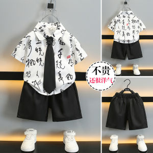 Boys Summer Shirt Set Thin Short Sleeve Vacation Clothes Baby Outfit Retro Childrens Casual Sportswear Five-Quarter Pants