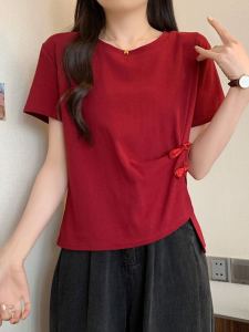 plus Size Summer Chinese Style Short Sleeve T-Shirt Womens Design Slim Fit Splitting Creative Commute Korean Style Top
