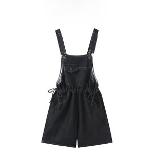 Genaqi2024 Mùa Hè Mới Rộng Rãi Dây Rút Thiết Kế Eo Inseam Denim Quần Yếm Nữ Đa Năng Quần Short Quần Đùi Thời Trang Quần Jean Xanh Dương Quần Áo Nữ