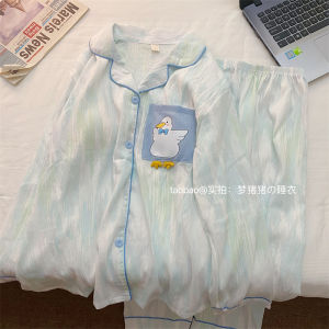 ชุดนอนผ้าฝ้ายแท้แขนยาวสไตล์นกเหลืองสีเหลือง ชุดนอนผู้หญิงฤดูใบไม้ผลิและฤดูใบไม้ร่วง ชุดนอนแบบสวมหัว ชุดนอนผ้าฝ้ายผสม