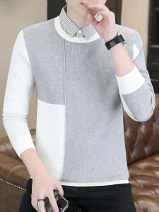HENGYUANXIANG | Casual Shirt Collar Sweater Fake Two-Piece Mens Autumn Winter Warm Fashionable Polyester Blend Long Sleeve Knitted Top