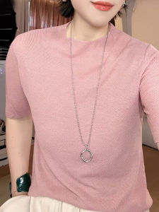 UYFY | เสื้อยืดคอกลมแขนสั้นถักสีชมพูสำหรับผู้หญิง แฟชั่นลำลองฤดูร้อน คอลเลกชั่นใหม่ เสื้อตัวบนที่เข้ากันได้หลากหลาย