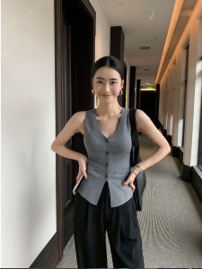 Pusumede Grey Vintage V-Neck Knitted Vest Womens Open Cardigan Slim Fit Sleeveless Top Fashionable Casual Wear