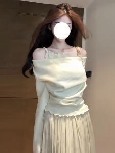 Spring Autumn New Pure Desire Shoulder Bared Sweet 3D Flower Embellished Knitted Long Sleeve Womens Top Korean Style Slim Fit