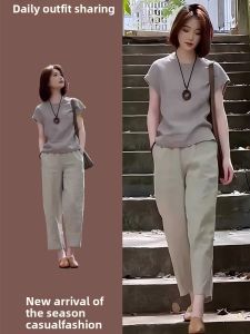 Summer Fashionable Casual Short Sleeve Two-Piece Set Polyester Fiber Polo Neck T-Shirt And Pants Suitable for Adults