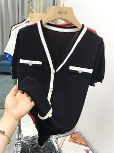 New 2025 V-neck Ice Silk Knitted Cardigan Thin Short Sleeve T-shirt Women Summer Versatile Top Trendy Open-front Outerwear