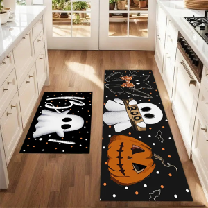 VIKAMA 1/2pcs Ghost Black Cat Halloween Carpet Non-Slip Easy Care Kitchen Floor Mat Dining Room Laundry Carpet Home Decor