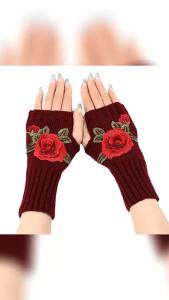 Womens Cute Autumn Winter Short Fashion Flower Knitted Wool Warm Half Finger Gloves Sleeves Soft Cozy Stylish Hand Cover