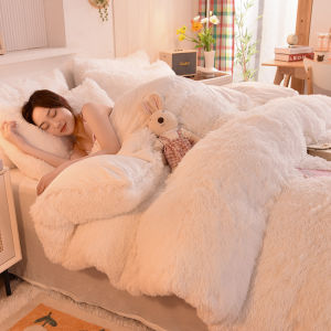 White Coral Fleece Four-Piece Set Winter Mink Fluff Milk Fiber Quilt Cover Double-Sided Flannel Bed Sheets Flannel