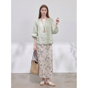 GULILI | Green Linen Chinese Style Outfit with Bell Sleeves and Flower Print