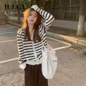 IELGY Striped knitted cardigan womens loose thin V-neck long-sleeved top