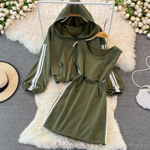 Fashionable All-Matching Cropped Hoodie Two-piece Set Decoration Body Graceful Shift Dress Small Hip Bag Dress