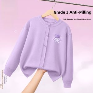 Jeanswest Kids Knitted Sweater Autumn Winter Purple Open Cardigan Casual Style Long Sleeve Thermal Fleece Childrens Outerwear